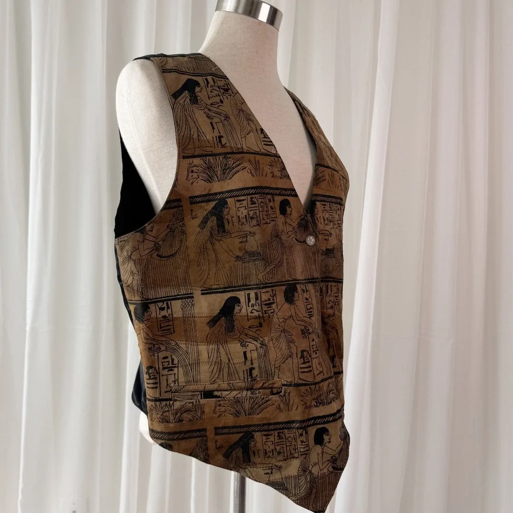 Vintage‎ Leather Vest Egyptian Hieroglyph Print Brown Black 90s Unisex Large